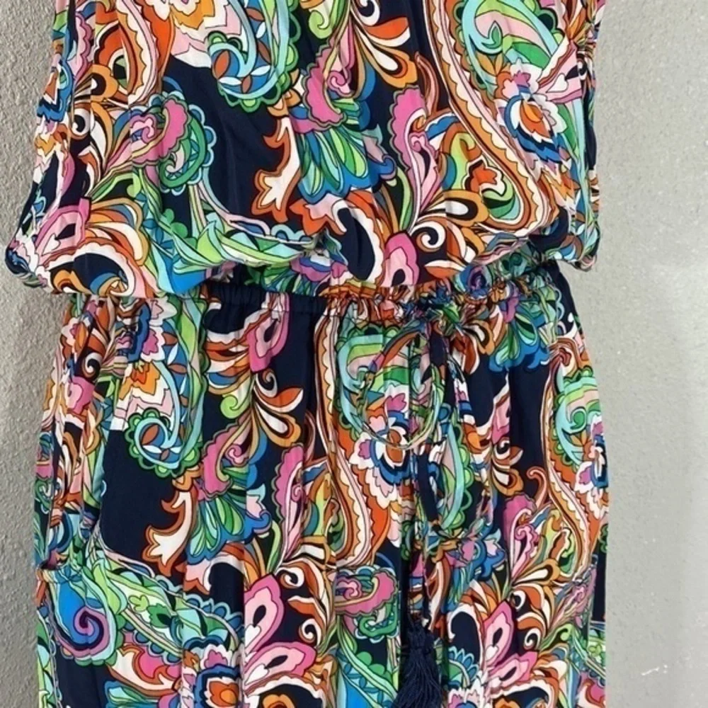 Tommy Bahama Mare Multi Paisley Print Elastic Tie Waist Slit Side Maxi Dress S